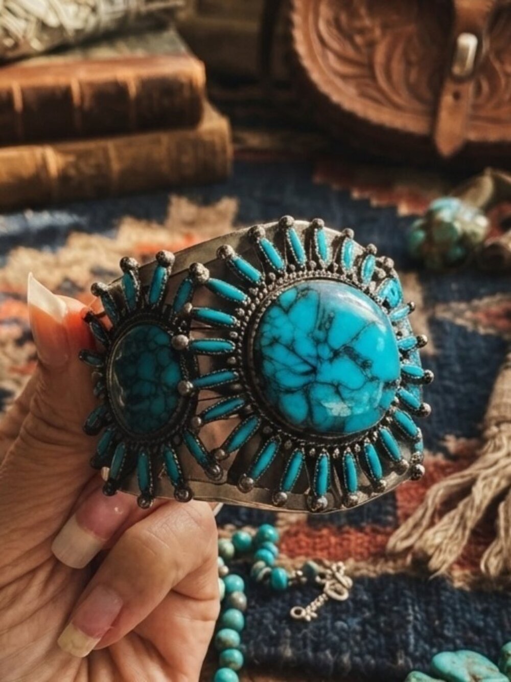 Western Turquoise Cluster Cuff Bracelet Boho Needlepoint Sunburst